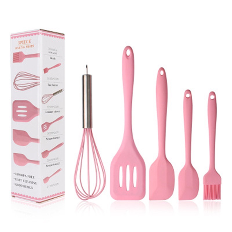 5 Pcs Silicone Kitchen Utensils Set, Cooking Utensils Set with Heat Resistant BPA-Free Silicone Handle Kitchen Tools Set (Pink), Size: 21*2.5~5.5cm/